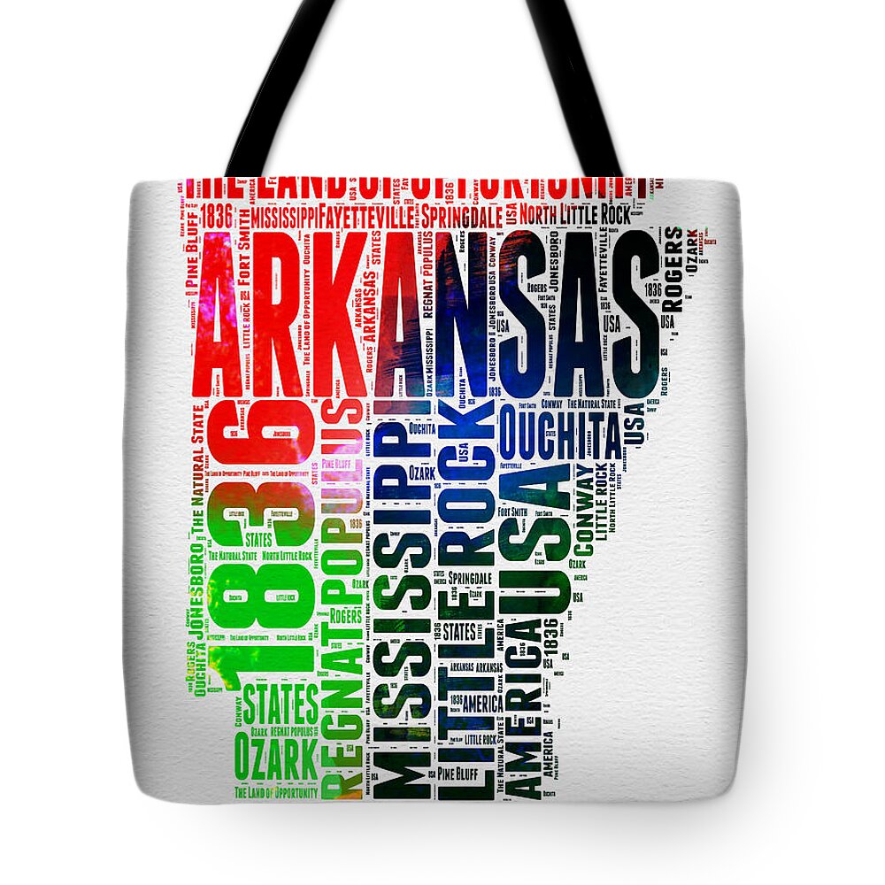 Arkansas Tote Bag featuring the digital art Arkansas Watercolor Word Cloud by Naxart Studio