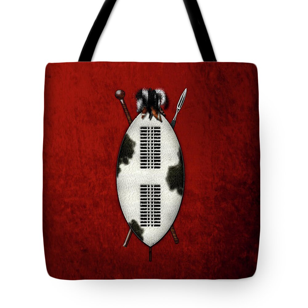 'war Shields' Collection By Serge Averbukh Tote Bag featuring the digital art Zulu War Shield with Spear and Club on Red Velvet by Serge Averbukh