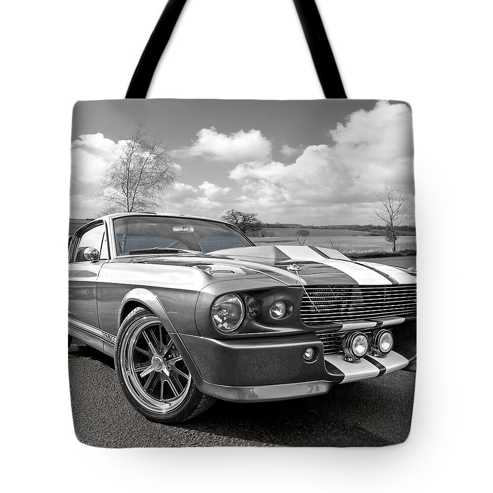 Ford Mustang Tote Bag featuring the photograph 1967 Eleanor Mustang in Black and White by Gill Billington