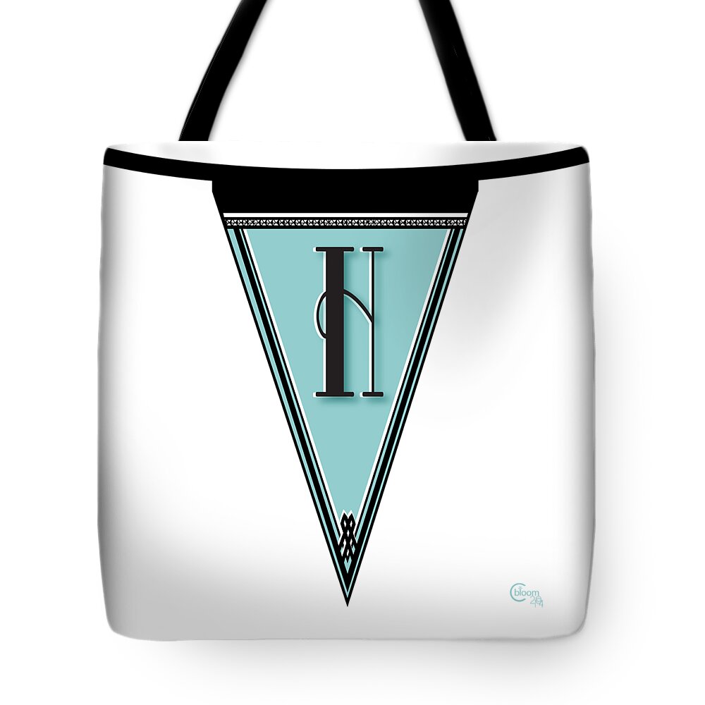 Banner Tote Bag featuring the digital art Pennant Deco Blues Banner initial letter H by Cecely Bloom
