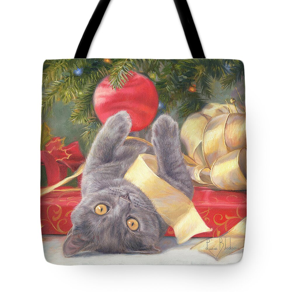 Cat Tote Bag featuring the painting Christmas Surprise by Lucie Bilodeau