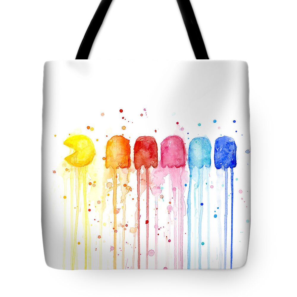 Video Game Tote Bag featuring the painting Pacman Watercolor Rainbow by Olga Shvartsur