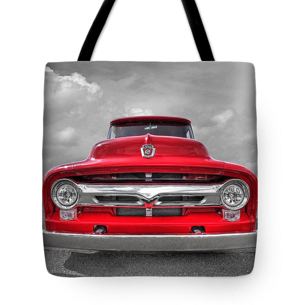 Ford F100 Tote Bag featuring the photograph Red Ford F-100 Head On by Gill Billington