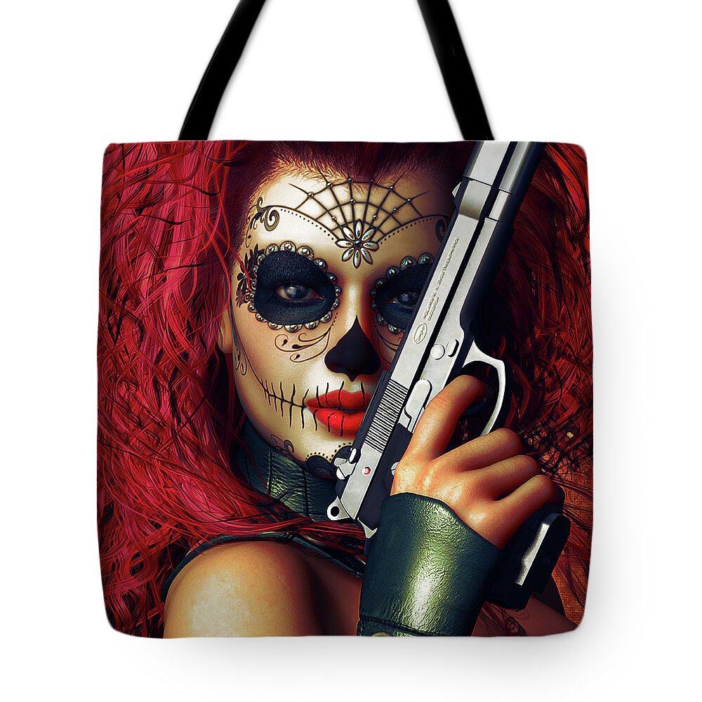 Sugar Doll Tote Bag featuring the digital art Sugar Doll Long Night of the Dead by Shanina Conway