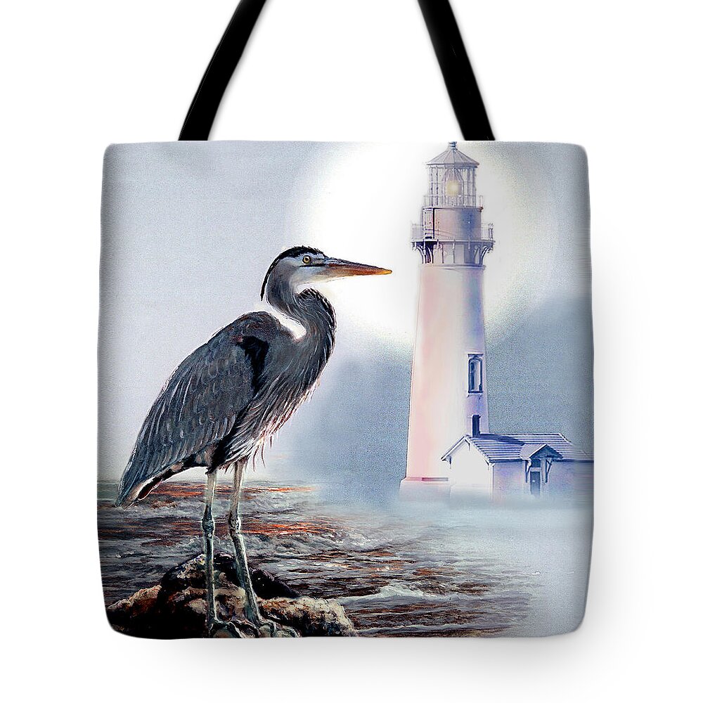  Architecture Tote Bag featuring the painting Blue heron In the circle of light by Regina Femrite
