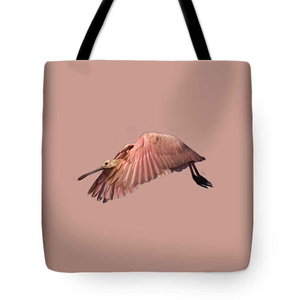 Roseate Spoonbill Tote Bag featuring the photograph Roseate Spoonbill in Flight by John Harmon