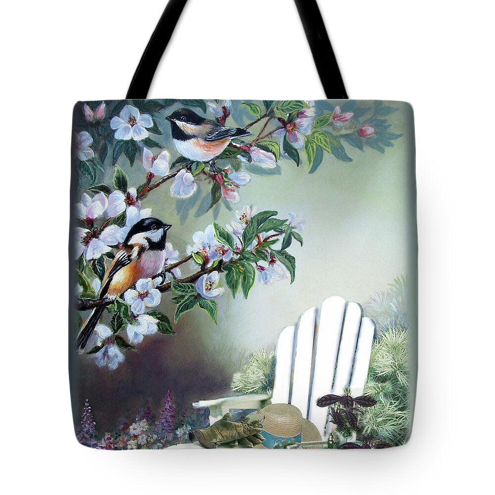 Garden Scene Tote Bag featuring the painting Chickadees in blossom tree by Regina Femrite