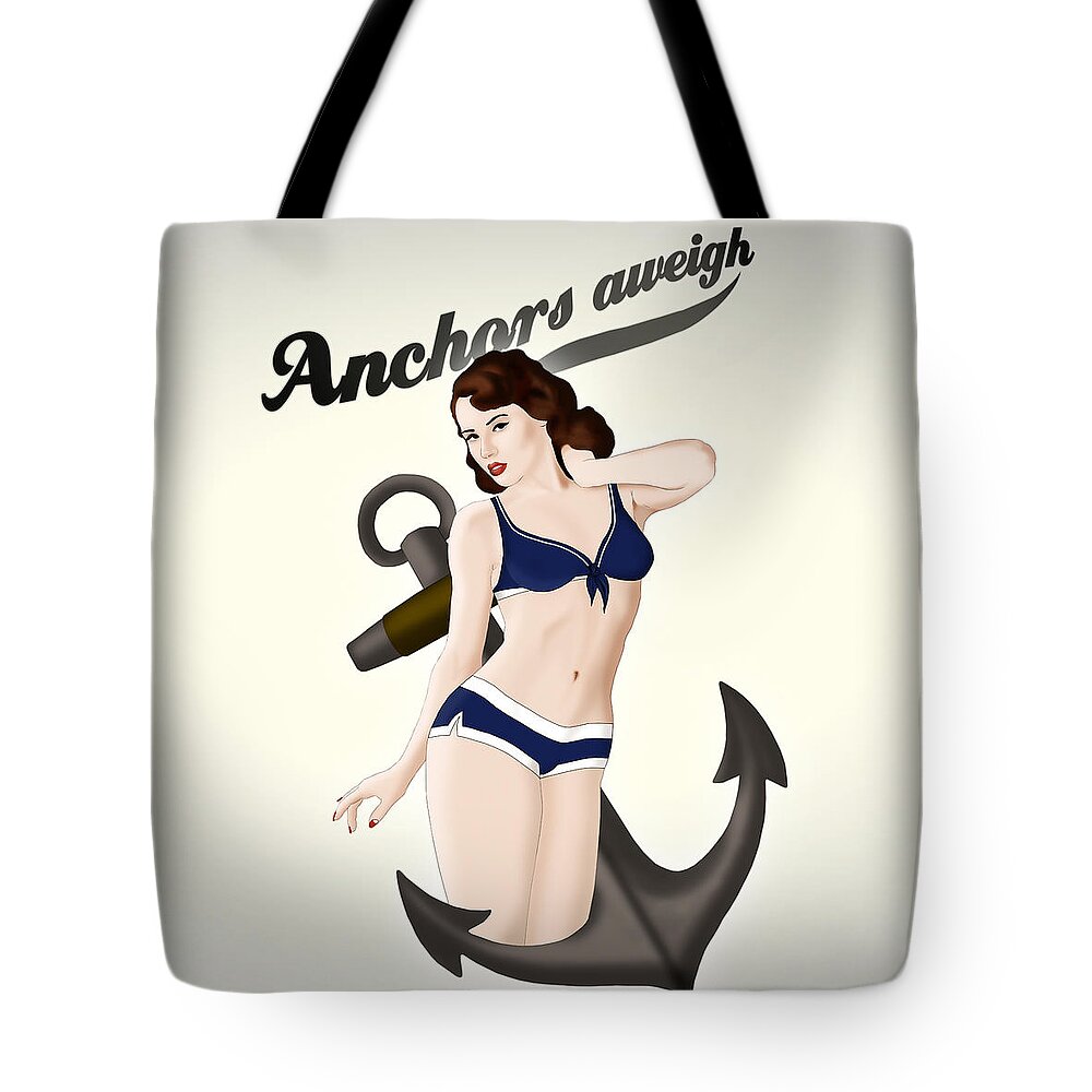 Pinup Tote Bag featuring the drawing Anchors Aweigh - Classic Pin Up by Nicklas Gustafsson