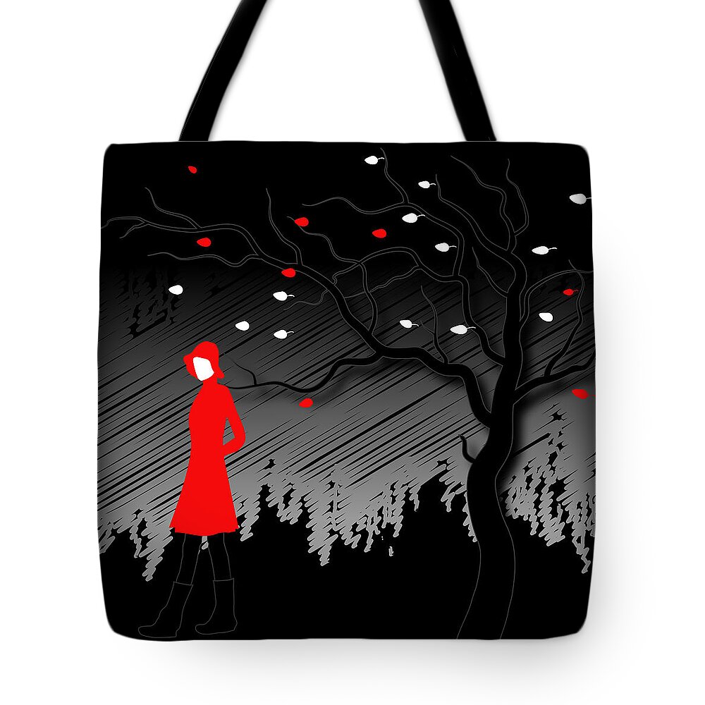 Red Tote Bag featuring the digital art Woman In Red Hat And Trench Coat Walking In Blustery Autumn Rain by Serena King