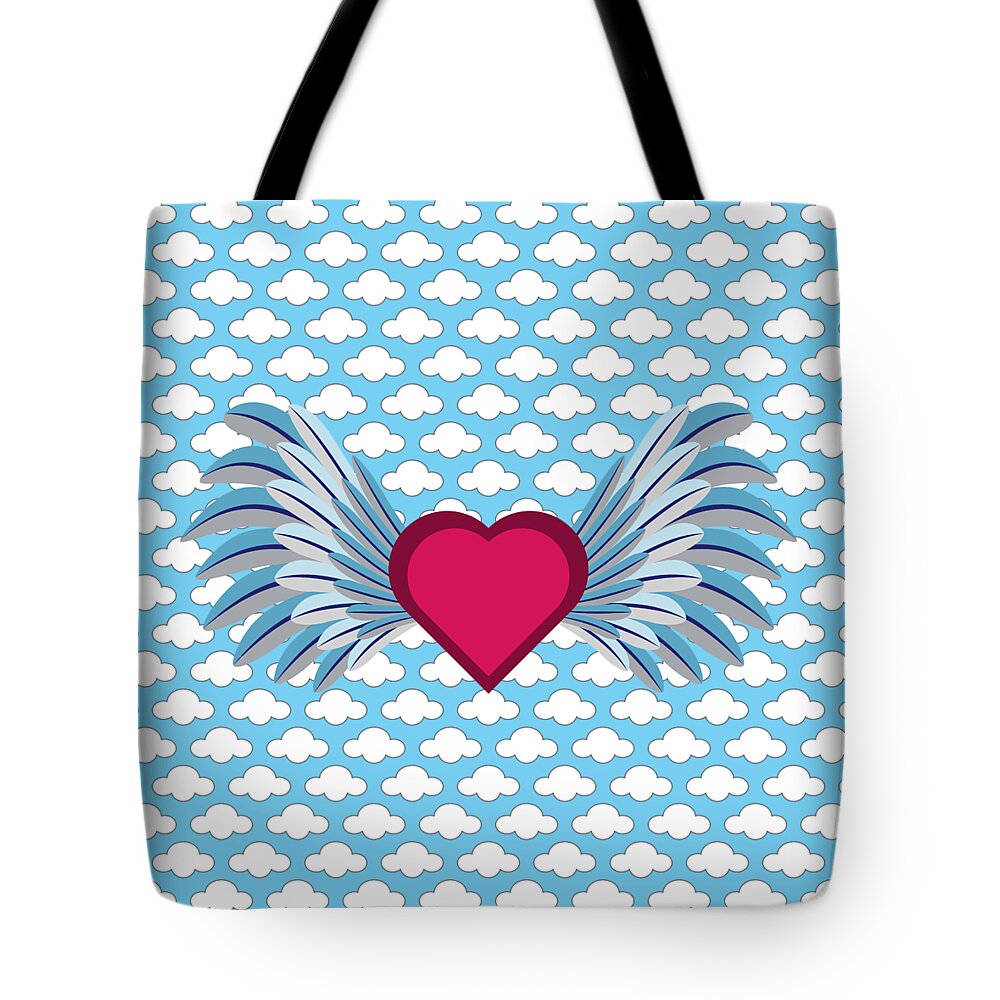 Heart Tote Bag featuring the digital art Winged Heart in a Cloudy Blue Sky by MM Anderson