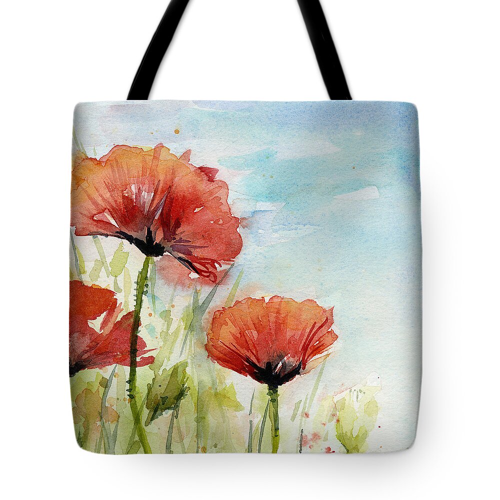Red Poppy Tote Bag featuring the painting Red Poppies Watercolor by Olga Shvartsur