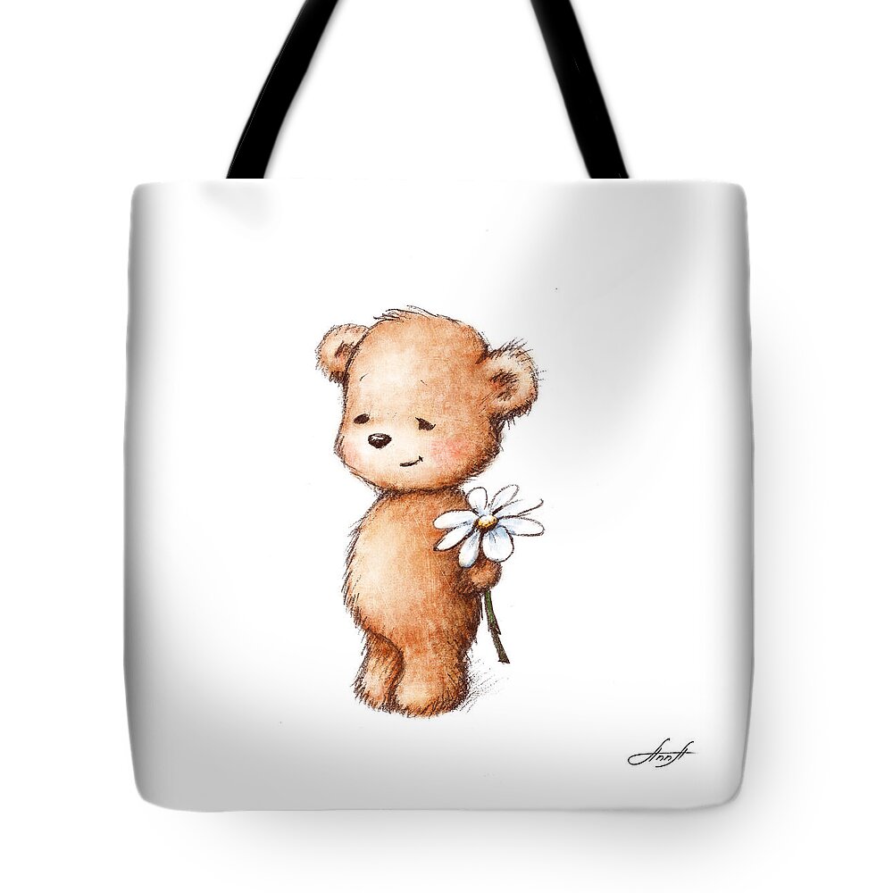 Adorable Tote Bag featuring the digital art Drawing of teddy bear with daisy by Anna Abramskaya