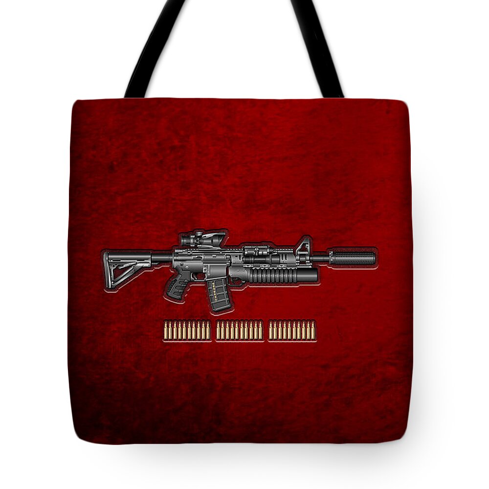 'the Armory' Collection By Serge Averbukh Tote Bag featuring the digital art Colt M 4 A 1  S O P M O D Carbine with 5.56 N A T O Rounds on Red Velvet by Serge Averbukh