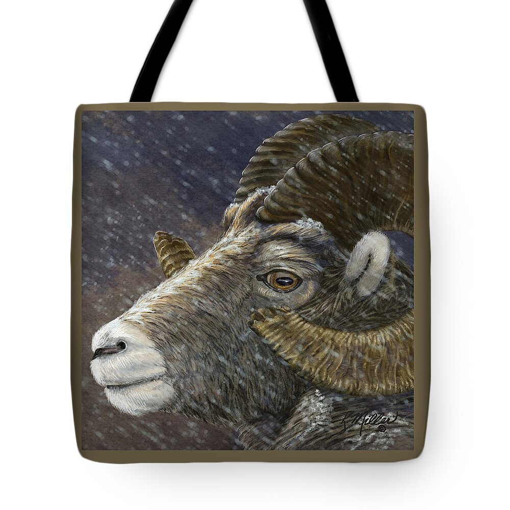 Bighorn Sheep Tote Bag featuring the painting Big Horn In Snowstorm by Kathie Miller