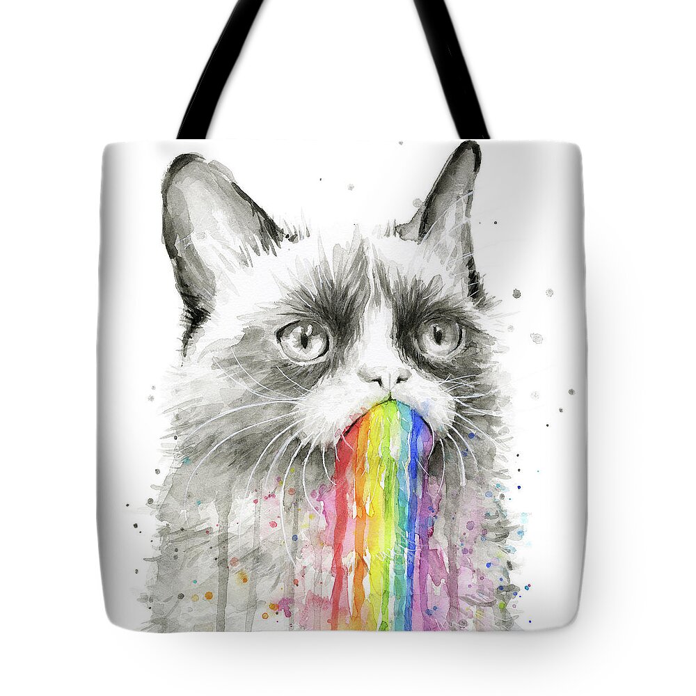 Grumpy Tote Bag featuring the painting Grumpy Rainbow Cat by Olga Shvartsur