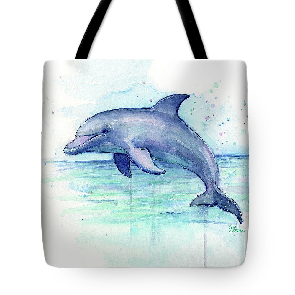 Dolphin Tote Bag featuring the painting Dolphin Watercolor by Olga Shvartsur