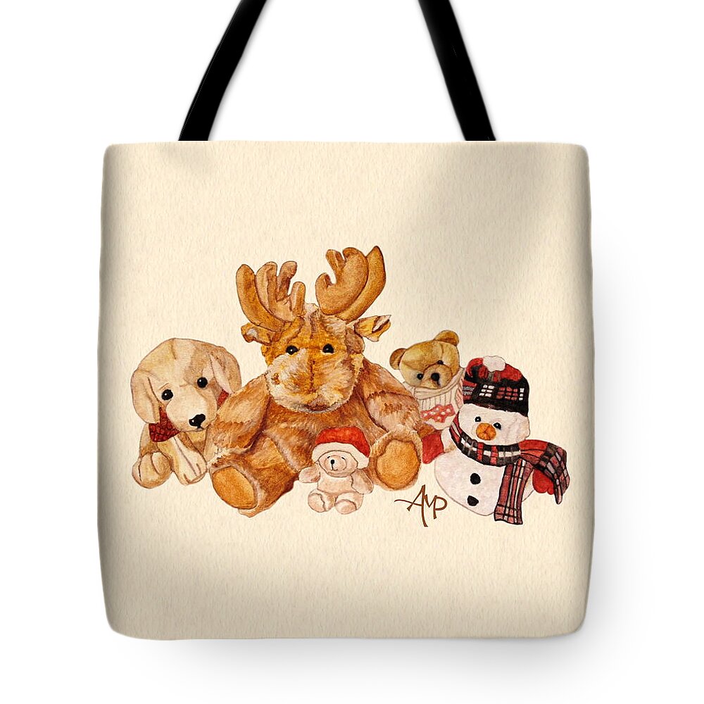 Cuddly Animals Tote Bag featuring the painting Snowy Patrol by Angeles M Pomata
