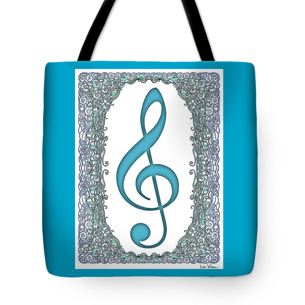 Lise Winne Tote Bag featuring the digital art Turquoise Treble Clef with Turquoise and Blue Border by Lise Winne