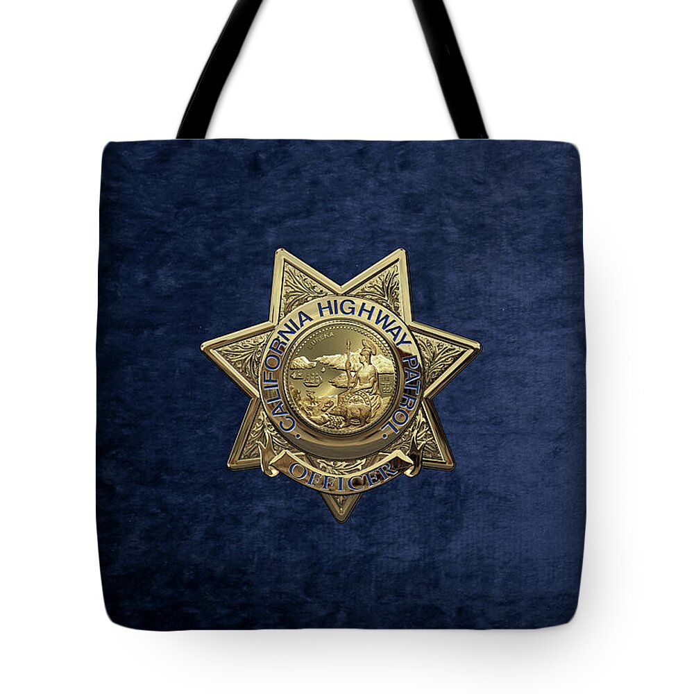 'law Enforcement Insignia & Heraldry' Collection By Serge Averbukh Tote Bag featuring the digital art California Highway Patrol - C H P Police Officer Badge over Blue Velvet by Serge Averbukh