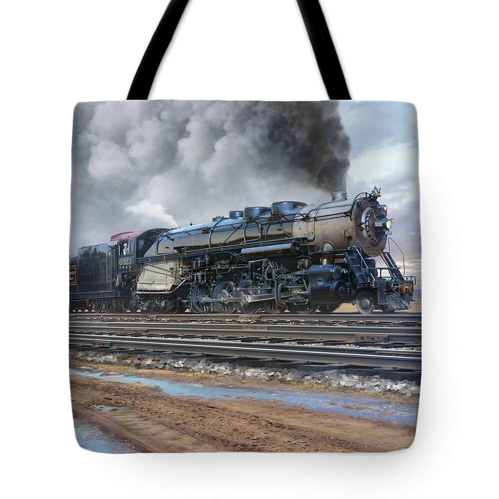 Railroad Art Tote Bag featuring the painting Big Power On The Q by Mark Karvon