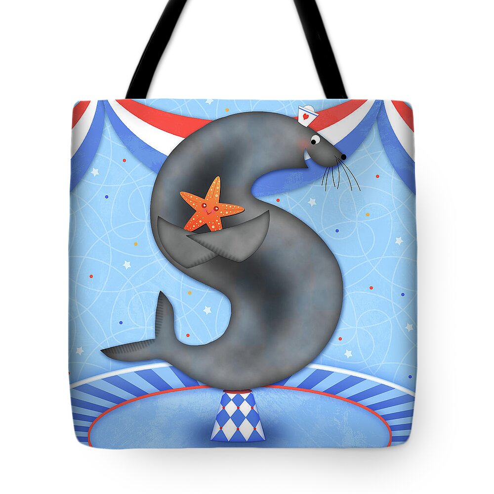 Letter S Tote Bag featuring the digital art S is for Seal and Starfish by Valerie Drake Lesiak