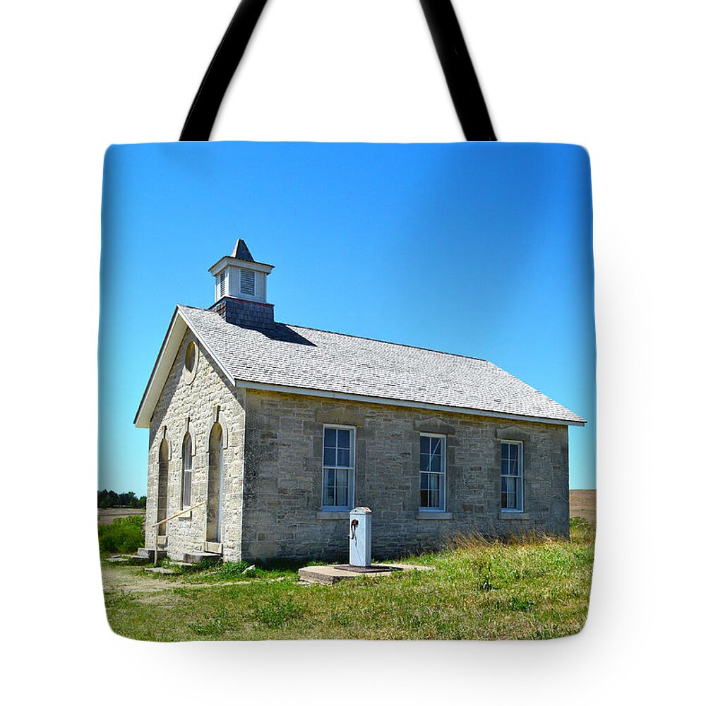 Tallgrass Prairie National Preserve Tote Bag featuring the photograph Lower Fox Creek Schoolhouse Under Blue Skies by Catherine Sherman