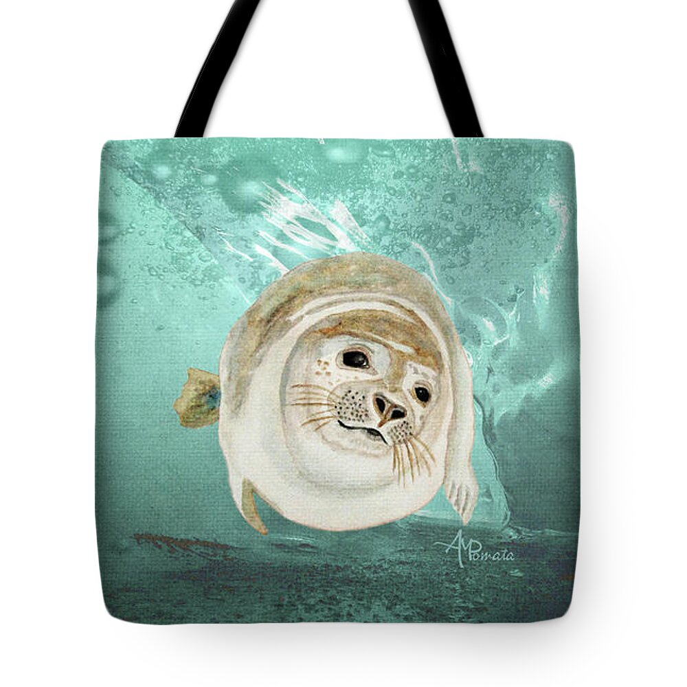 Sea Lion Tote Bag featuring the painting Sea Lion Swimming by Angeles M Pomata
