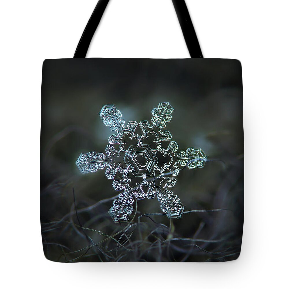 Snowflake Tote Bag featuring the photograph Real snowflake - Slight Asymmetry new by Alexey Kljatov