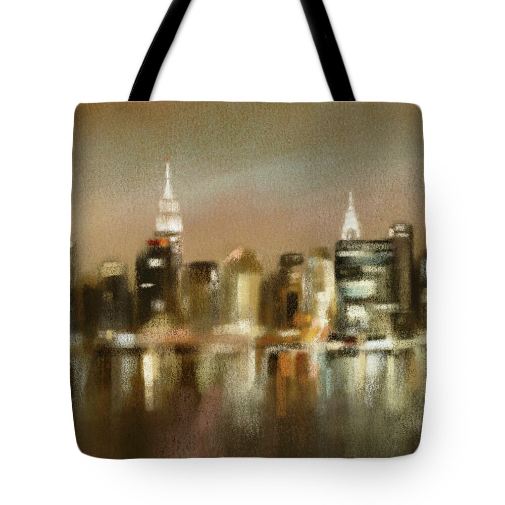 New York Tote Bag featuring the painting Luminous New York Skyline by Beverly Brown