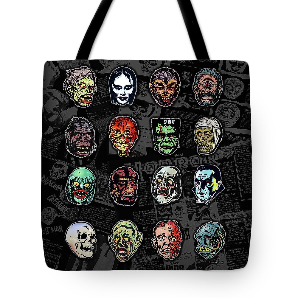 Monster Masks Tote Bag featuring the digital art 16 Horror Movie Monsters vintage style classic horror movies by Scott Jackson