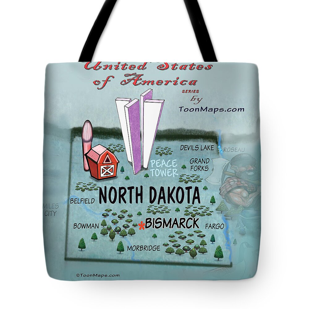 North Dakota Tote Bag featuring the digital art North Dakota Fun Map by Kevin Middleton