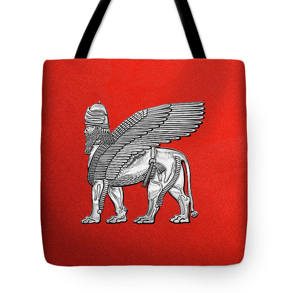 ‘treasures Of Mesopotamia’ Collection By Serge Averbukh Tote Bag featuring the digital art Assyrian Winged Lion - Silver Lamassu over Red Canvas by Serge Averbukh