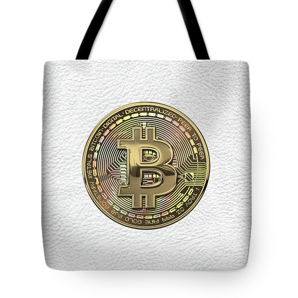‘money’ Collection By Serge Averbukh Tote Bag featuring the photograph Gold Bitcoin Effigy over White Leather by Serge Averbukh