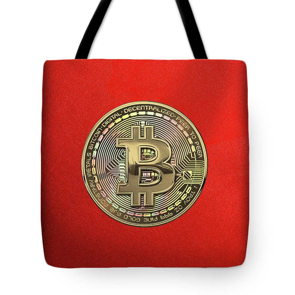 ‘money’ Collection By Serge Averbukh Tote Bag featuring the photograph Gold Bitcoin Effigy over Red Canvas by Serge Averbukh