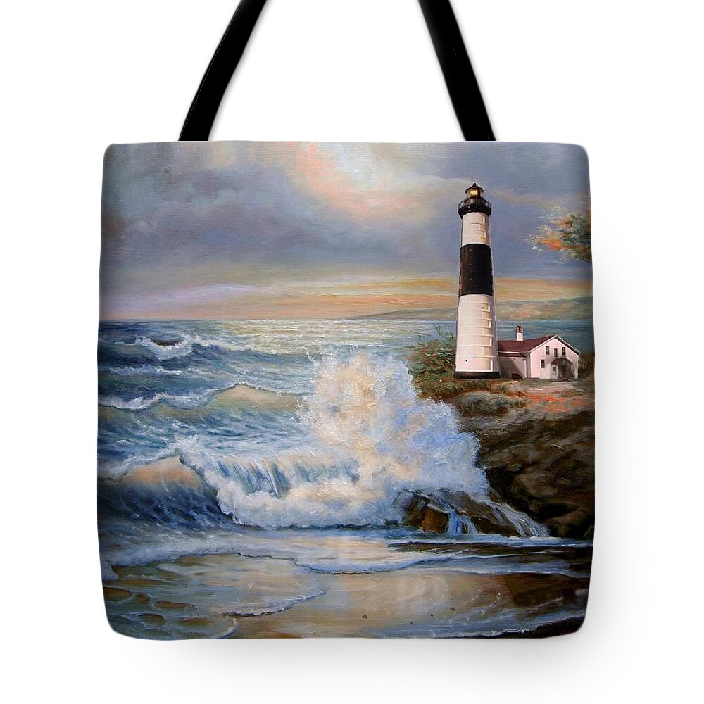  Big Sable Point Michigan Lighthouse Oil Painting Tote Bag featuring the painting Big Sable Point Lighthouse with crashing waves by Regina Femrite