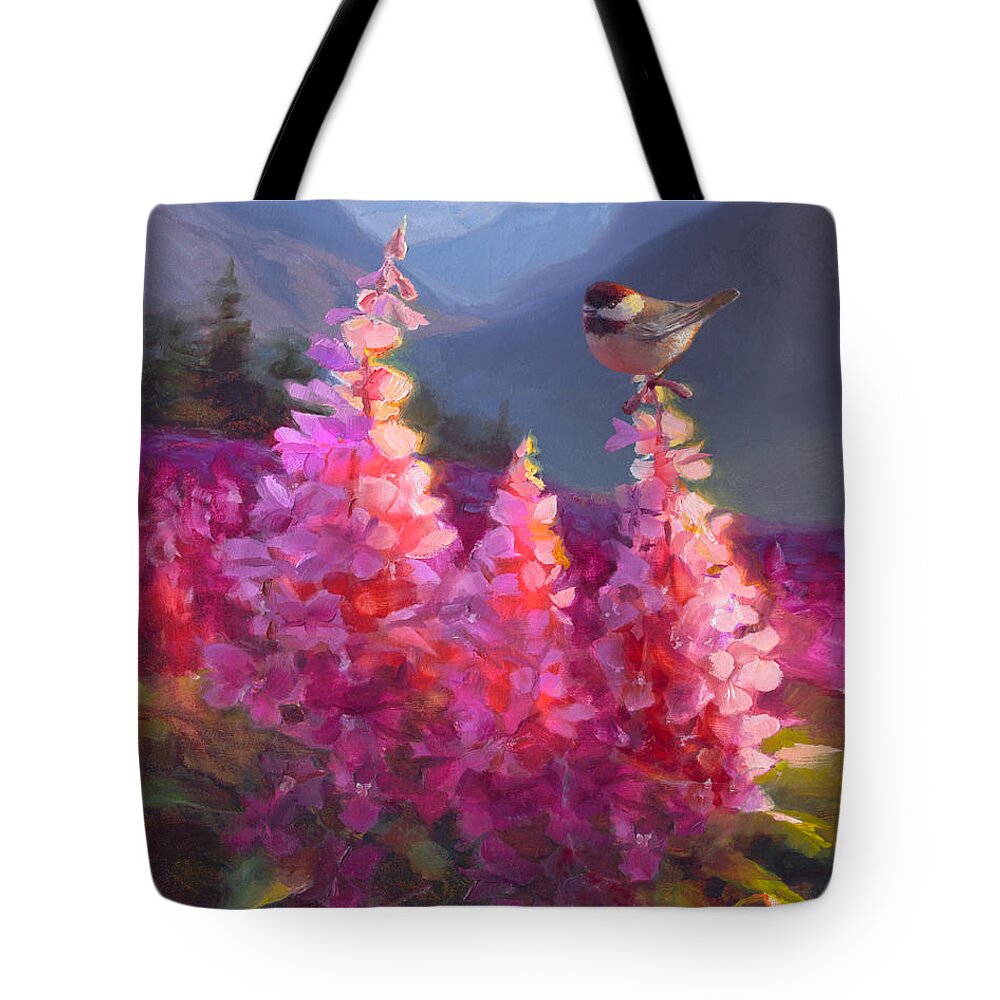 Alaska Art Tote Bag featuring the painting Eagle River Summer Chickadee and Fireweed Alaskan Landscape by K Whitworth