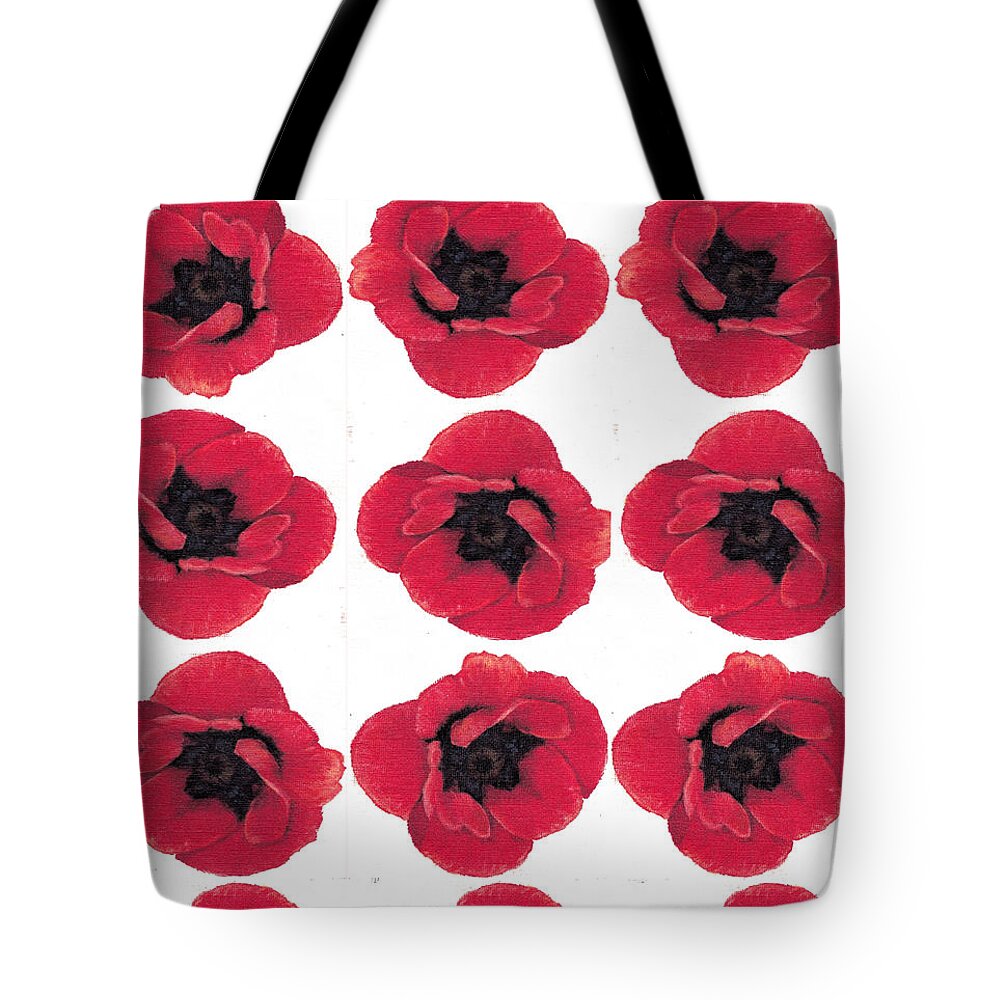 Poppy Tote Bag featuring the painting Three Red Poppies by Cecely Bloom