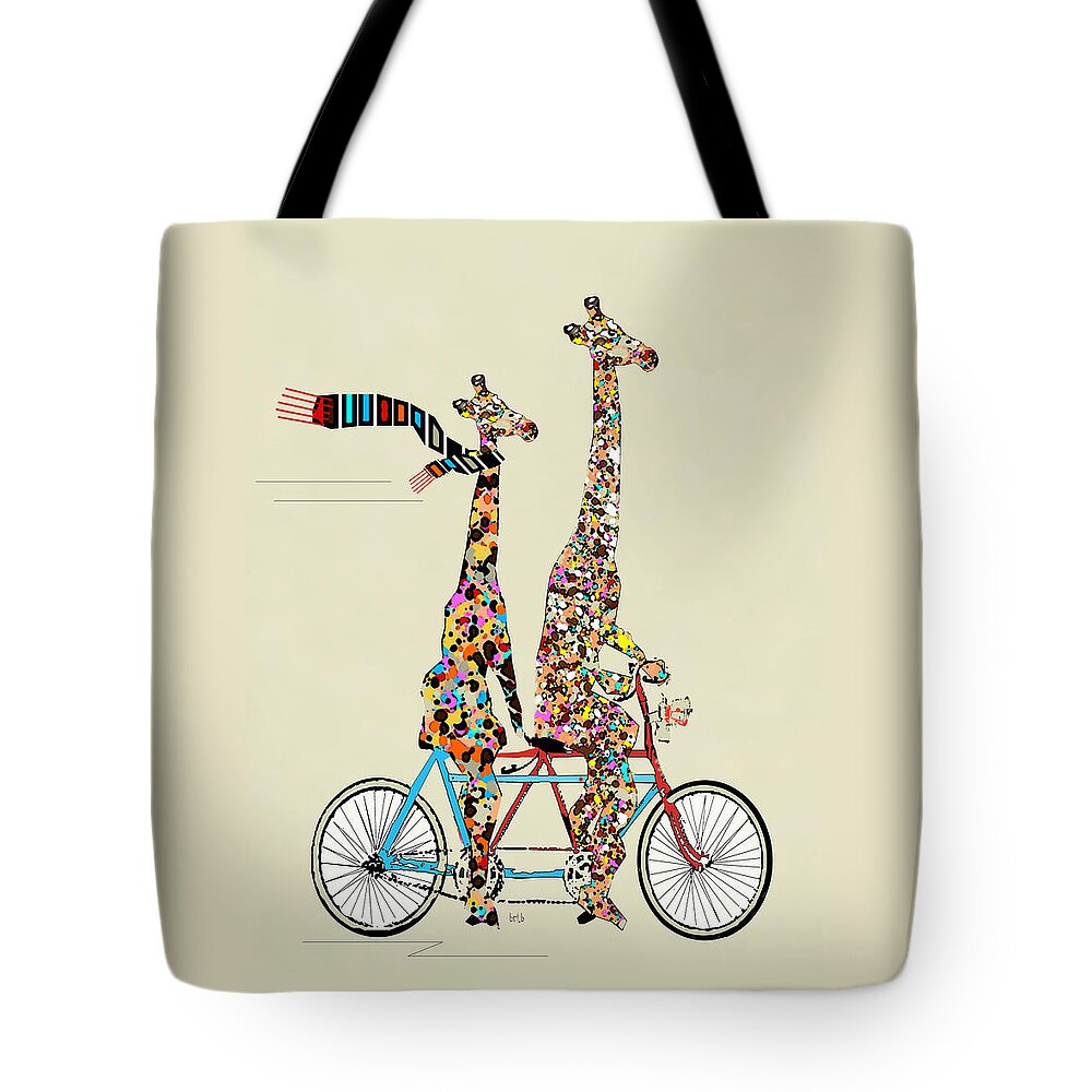 Giraffes Tote Bag featuring the painting Giraffe Days Lets Tandem by Bri Buckley