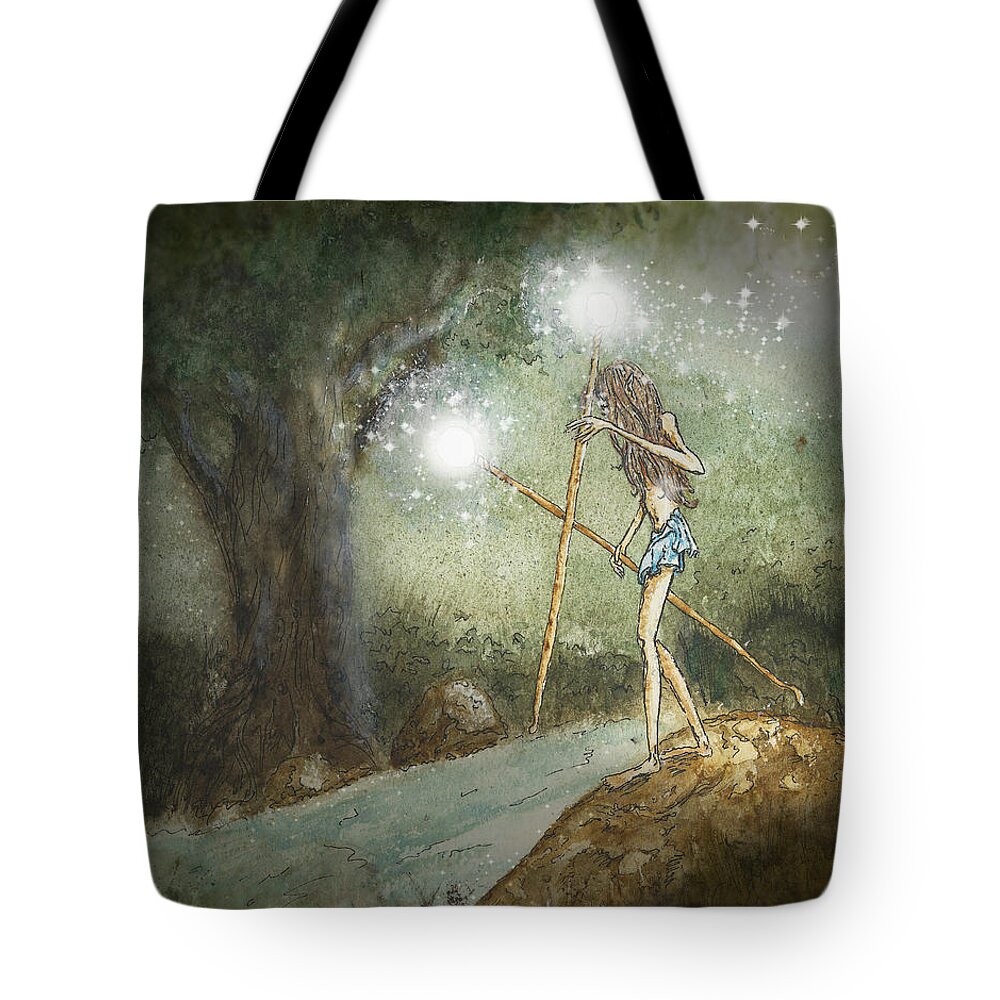 Fantasy Tote Bag featuring the mixed media Aryaz Elf on River's Edge by Laura Ostrowski