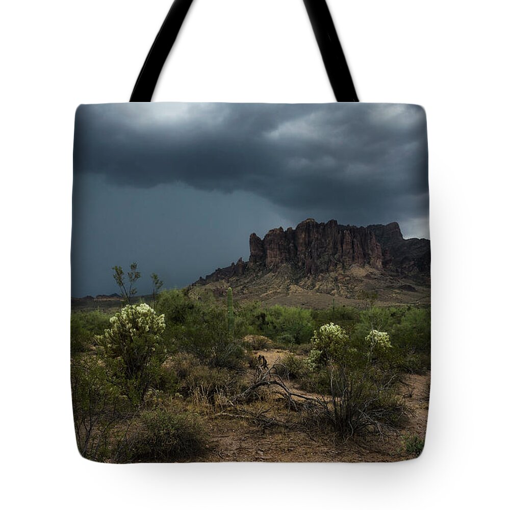 Superstition Mountains Tote Bag featuring the photograph As Rain Falls on The Superstitions by Saija Lehtonen