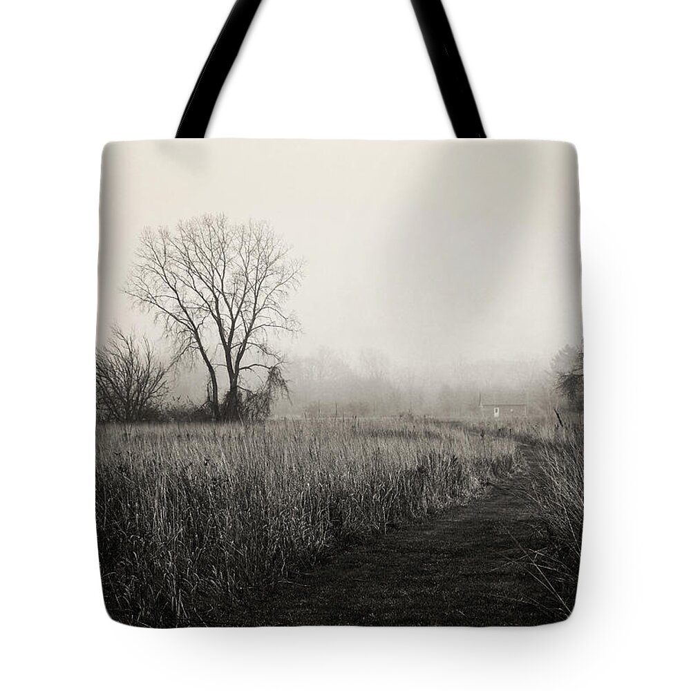 Wyandot Meadows Tote Bag featuring the photograph As The Fog Rolls In by Shawna Rowe
