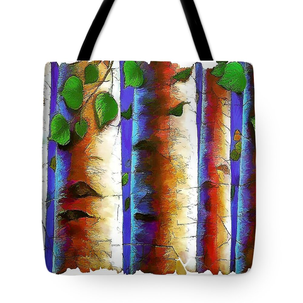 Scenic Tote Bag featuring the digital art Aspen Trees Fresco by Lena Owens - OLena Art Vibrant Palette Knife and Graphic Design