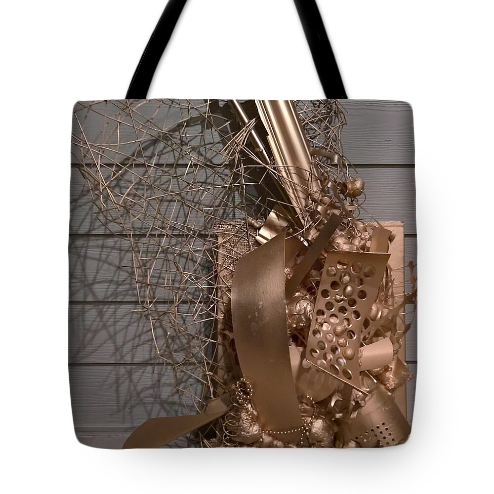 Upcycled Plastic Found Object Robert Anderson Assemblage Wall Sculpture Gold Tote Bag featuring the painting Assemblage #12918 by Robert Anderson