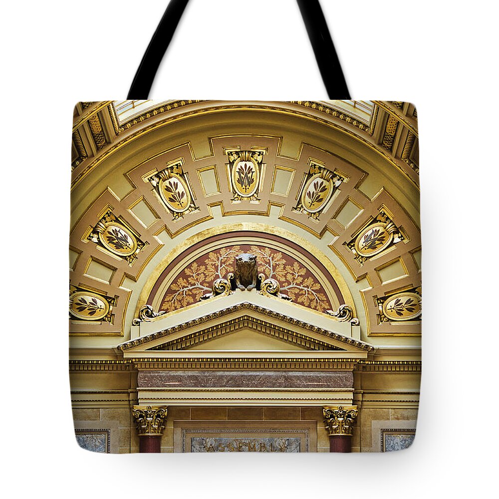 Wisconsin Tote Bag featuring the photograph Assembly Entrance - Capitol - Madison - Wisconsin by Steven Ralser