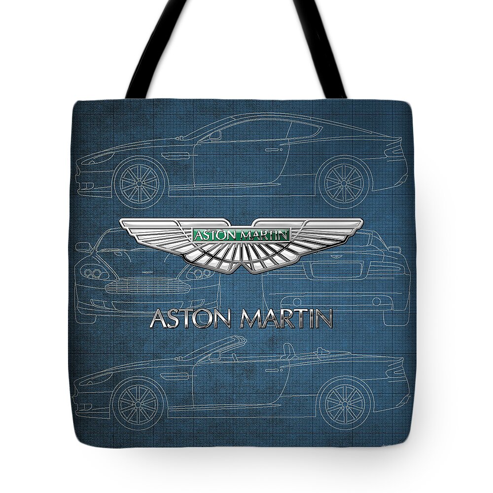 Wheels Of Fortune By Serge Averbukh Tote Bag featuring the photograph Aston Martin 3 D Badge over Aston Martin D B 9 Blueprint by Serge Averbukh