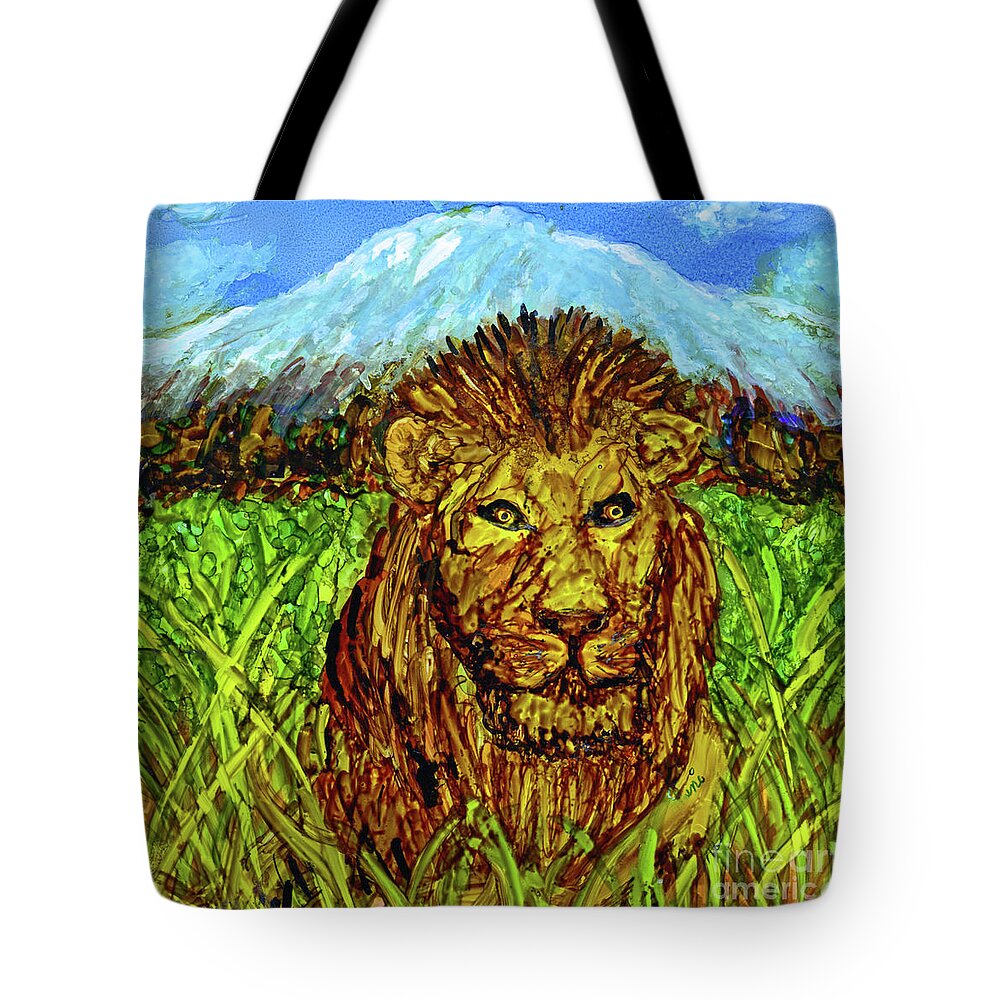 Lion Tote Bag featuring the painting At the Base of the Mountain by Eunice Warfel
