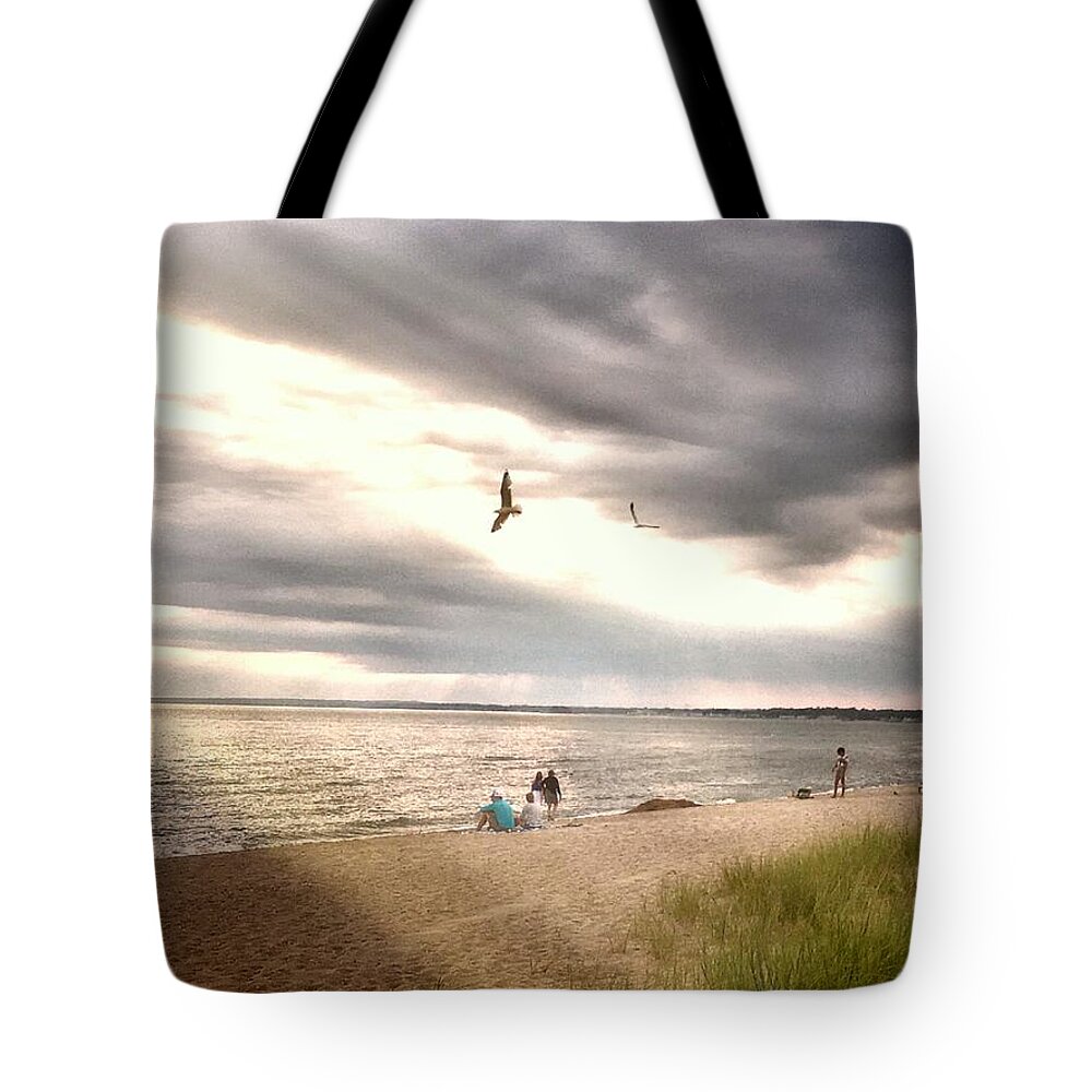 Mix Media Tote Bag featuring the mixed media At The Beach by MaryLee Parker