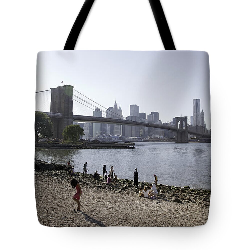 Brooklyn Tote Bag featuring the photograph At the Brooklyn Bridge by Madeline Ellis