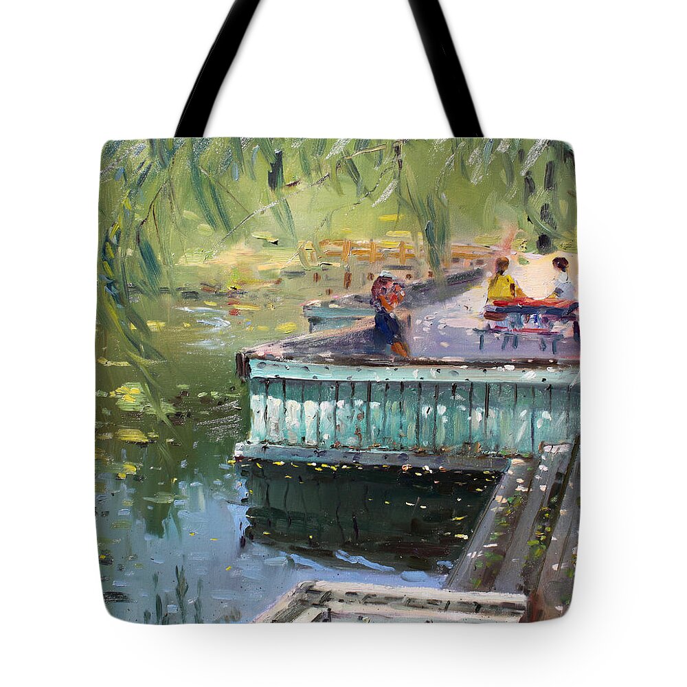 Park Tote Bag featuring the painting At the Park by the Water by Ylli Haruni