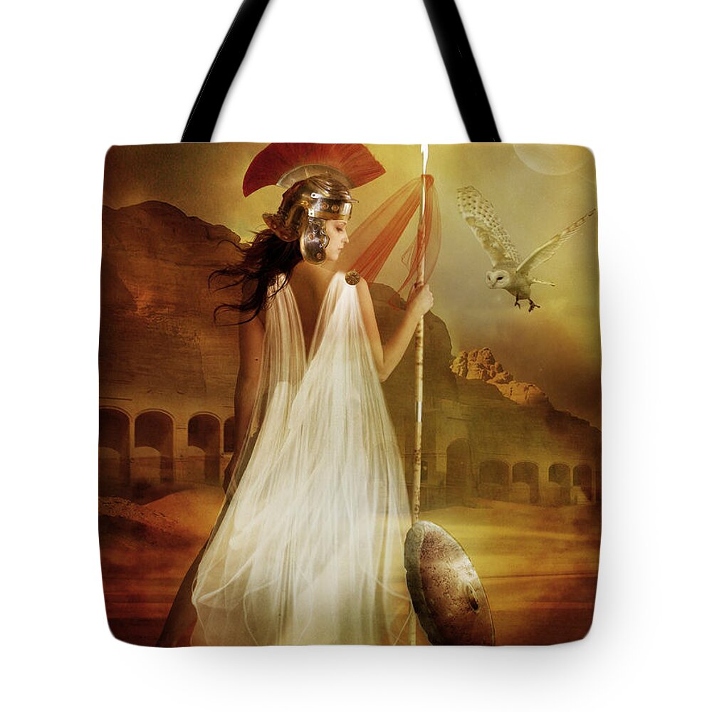 Woman Red Tote Bag featuring the digital art Athena by Karen Howarth